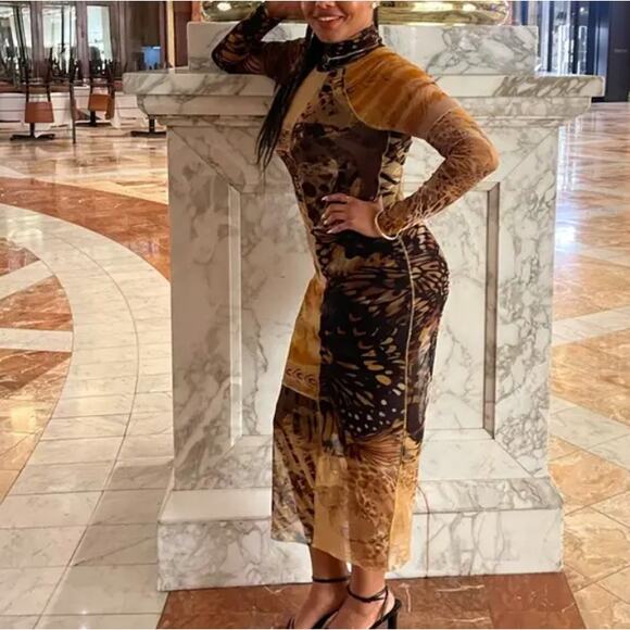 Fuzzi Patchwork Mesh Midi Dress SMALL Slinky Bodycon Designer Mockneck $700 - Picture 6 of 14